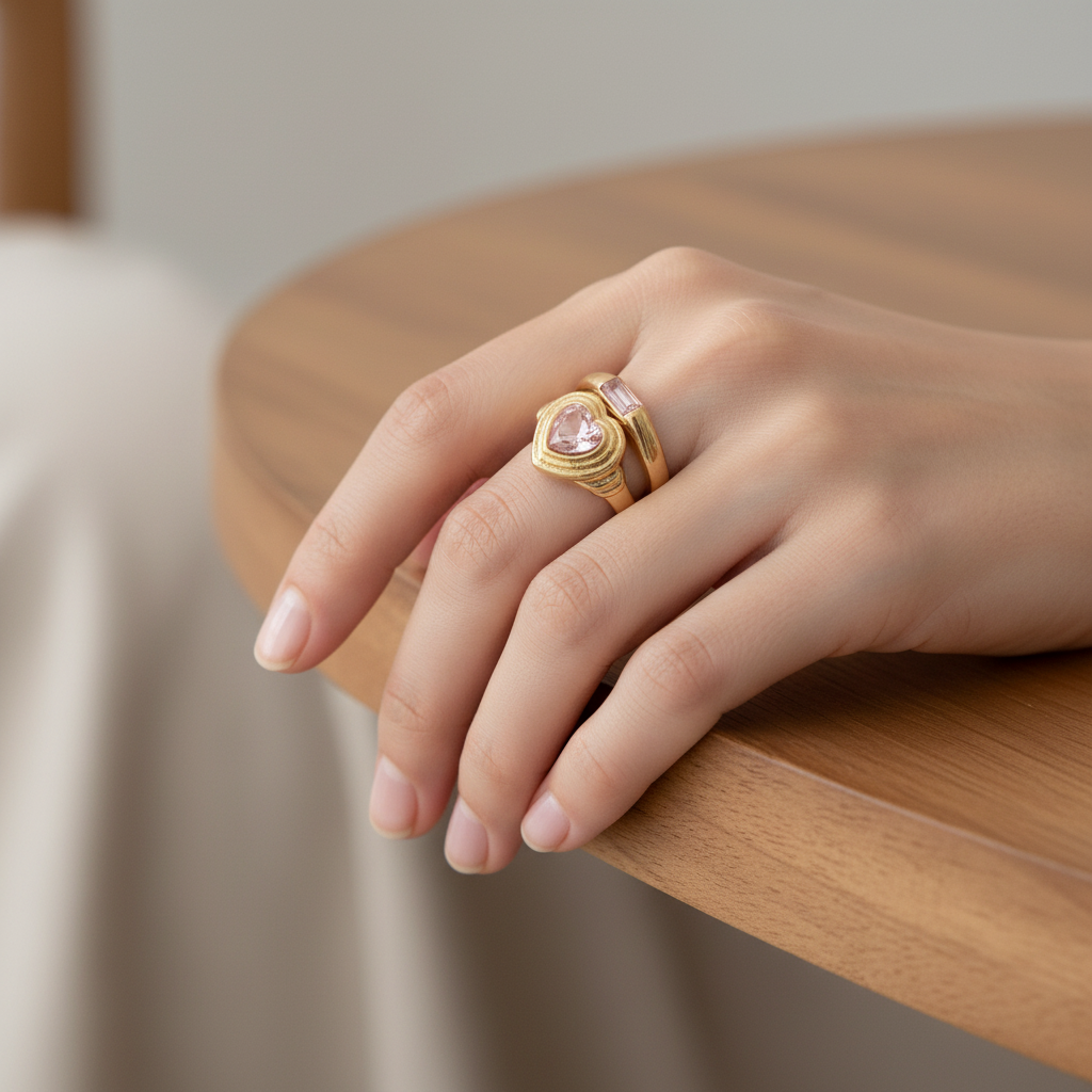 Heart Shaped Gold Tone Ring Set with Pink Rhinestone